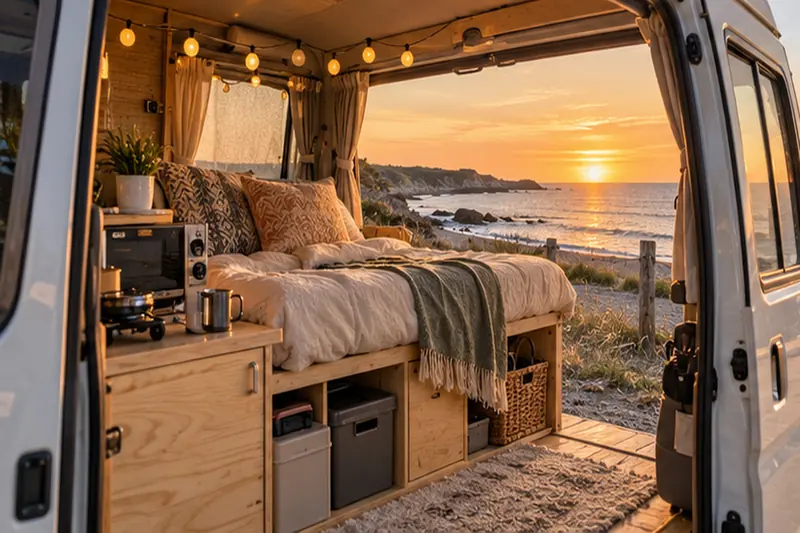Intérieur d'un petit van aménagé en camping-car avec lit et rangements en bois, face à la mer au coucher du soleil