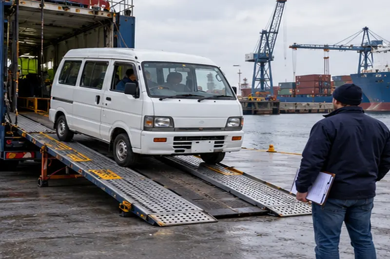 Petit van japonais blanc descendant d'un camion porte-voitures sur un quai de port