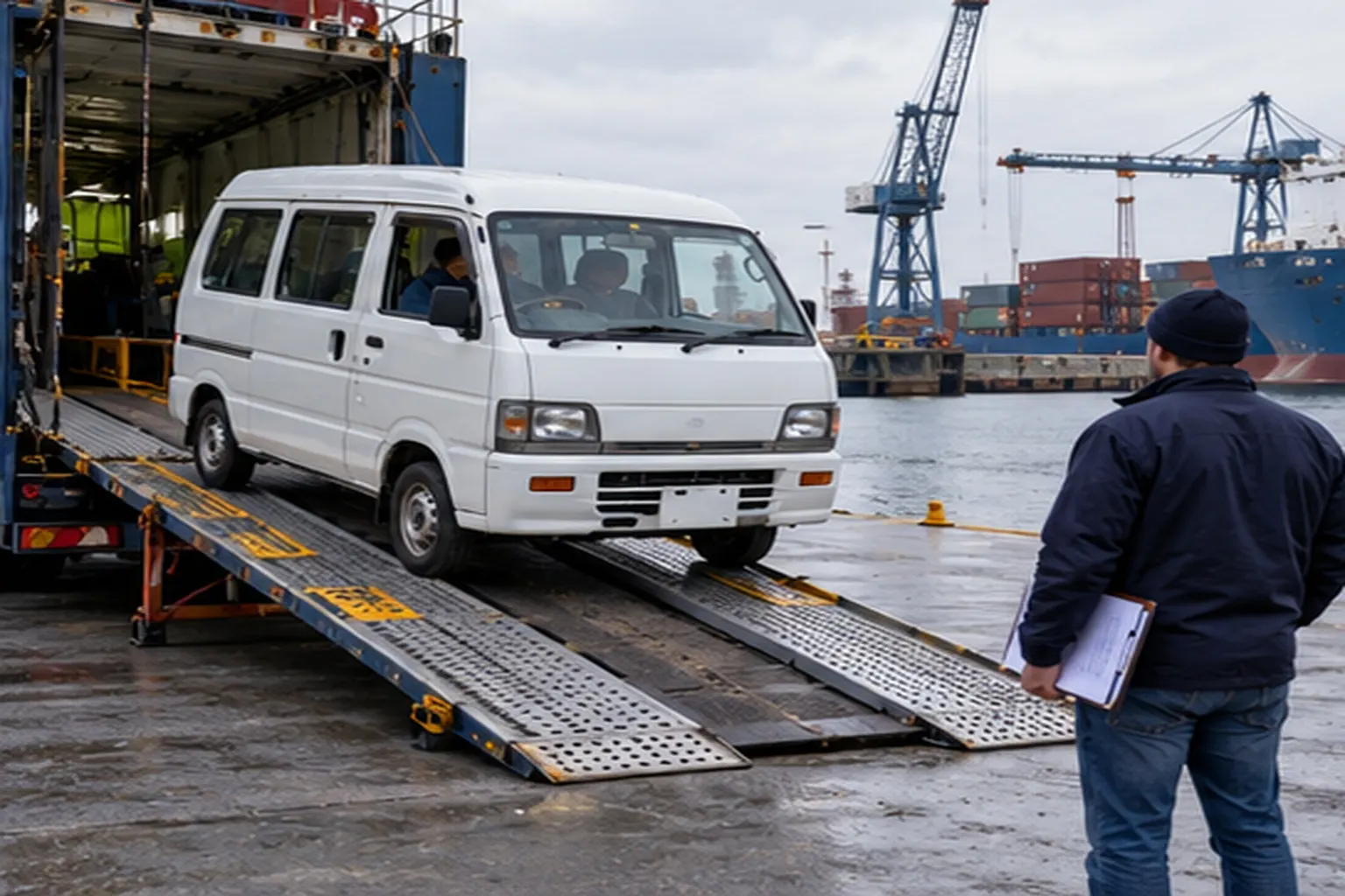 Petit van japonais blanc descendant d'un camion porte-voitures sur un quai de port