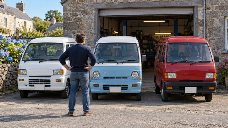 Acheteur comparant trois petits vans japonais blanc, bleu clair et rouge devant un garage en pierre