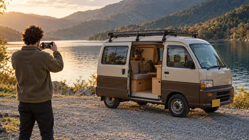 Propriétaire photographiant son petit van japonais beige et marron aménagé, porte coulissante ouverte, au bord d'un lac