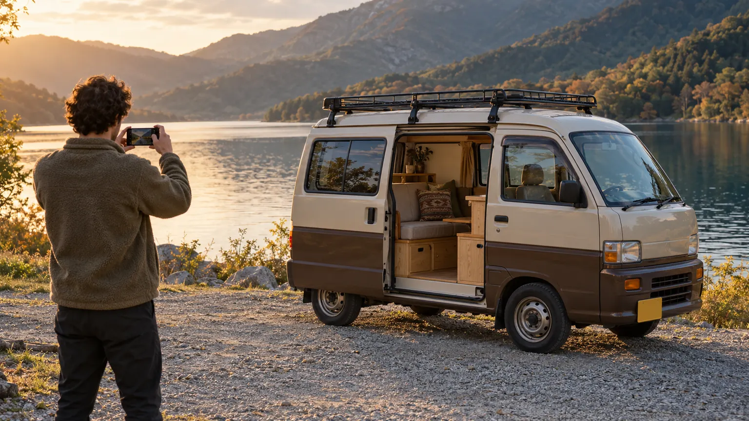 Propriétaire photographiant avec son téléphone son petit van japonais beige et marron aménagé, porte coulissante ouverte, au bord d’un lac de montagne au coucher du soleil